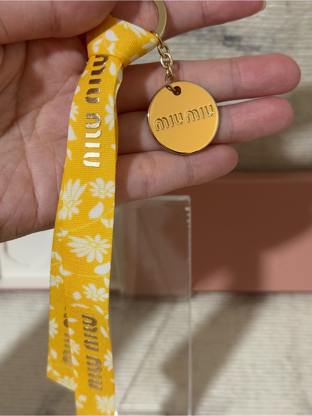 Miu Miu Beauty Yellow with Daisy Flower Design Ribbon Keychain with Gold Charm - Picture 6 of 7